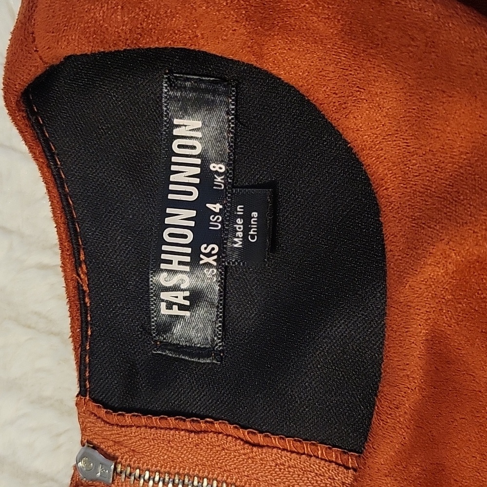 Fashion Union Suede Burnt Orange Rust Mini Dress Cutouts Zippered Back - Picture 2 of 9